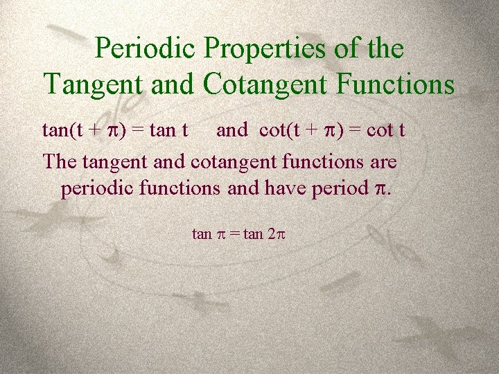 Periodic Properties of the Tangent and Cotangent Functions tan(t + ) = tan t