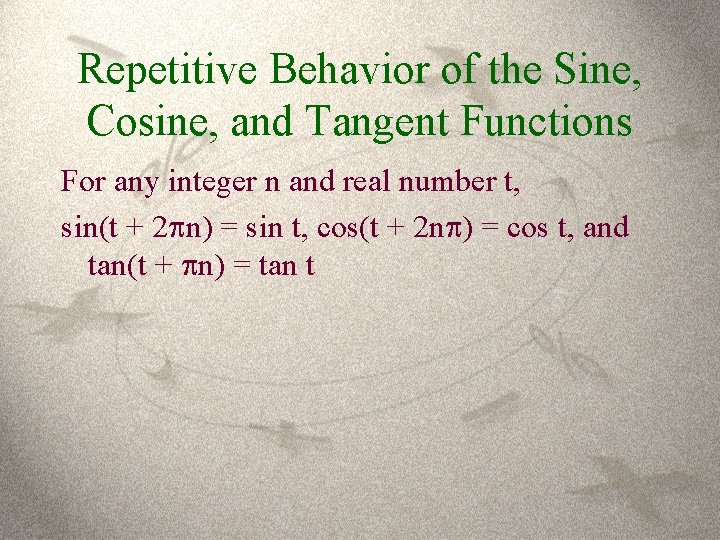 Repetitive Behavior of the Sine, Cosine, and Tangent Functions For any integer n and