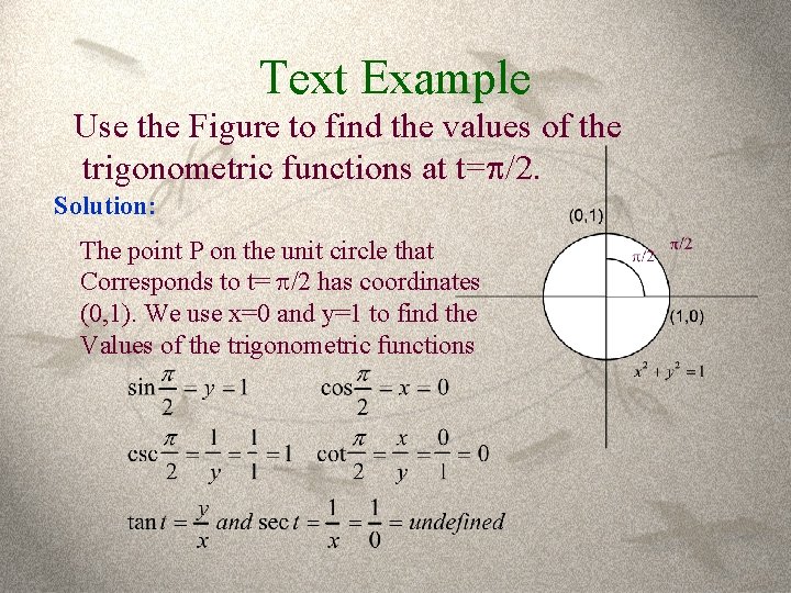 Text Example Use the Figure to find the values of the trigonometric functions at