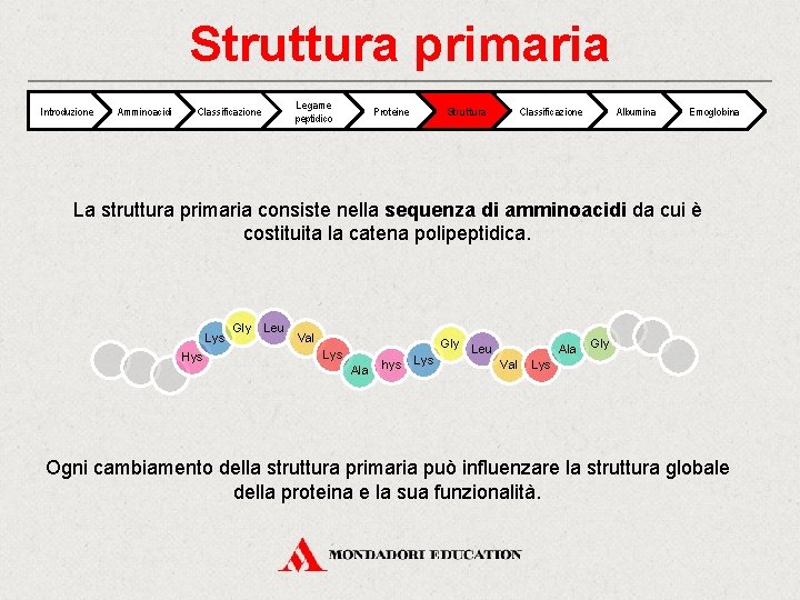 Struttura primaria Introduzione Amminoacidi Legame peptidico Classificazione Struttura Proteine Classificazione Albumina Emoglobina La struttura