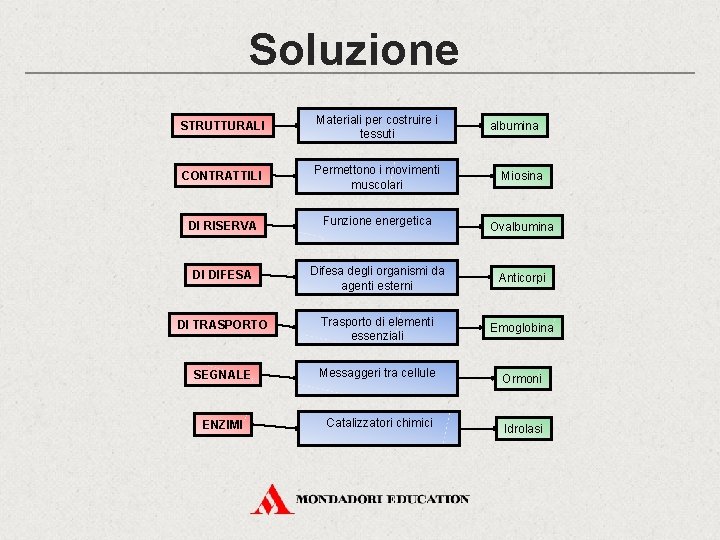 Soluzione STRUTTURALI Materiali per costruire i tessuti CONTRATTILI Permettono i movimenti muscolari DI RISERVA