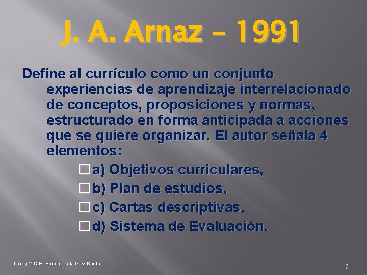 J. A. Arnaz – 1991 Define al currículo como un conjunto experiencias de aprendizaje