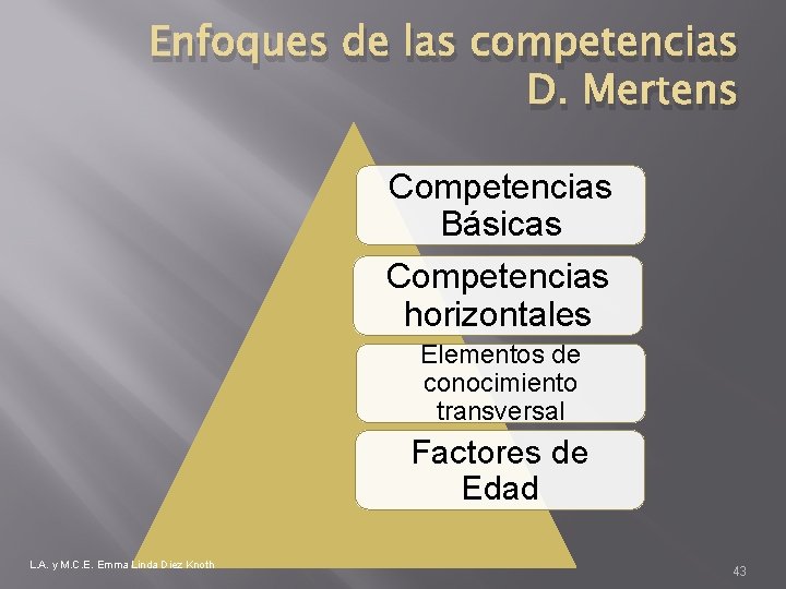 Enfoques de las competencias D. Mertens Competencias Básicas Competencias horizontales Elementos de conocimiento transversal