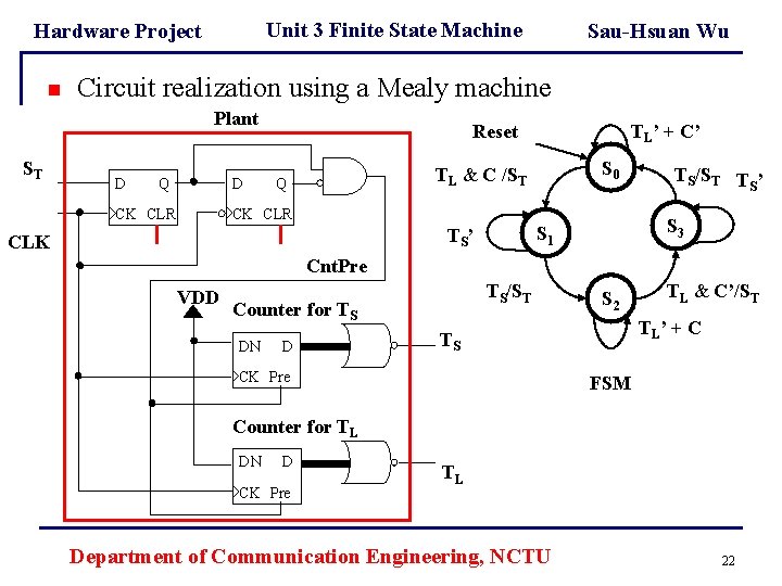 Unit 3 Finite State Machine Hardware Project n Circuit realization using a Mealy machine Unit 3 Finite State Machine Hardware Project n Circuit realization using a Mealy machine