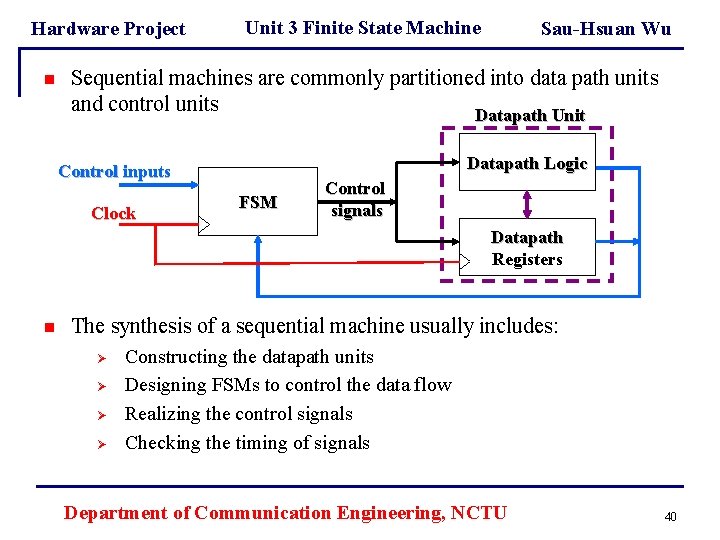 Hardware Project n Unit 3 Finite State Machine Sau-Hsuan Wu Sequential machines are commonly Hardware Project n Unit 3 Finite State Machine Sau-Hsuan Wu Sequential machines are commonly