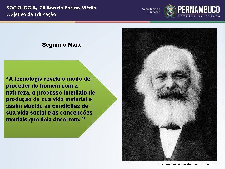 SOCIOLOGIA, 2º Ano do Ensino Médio Objetivo da Educação Segundo Marx: “A tecnologia revela