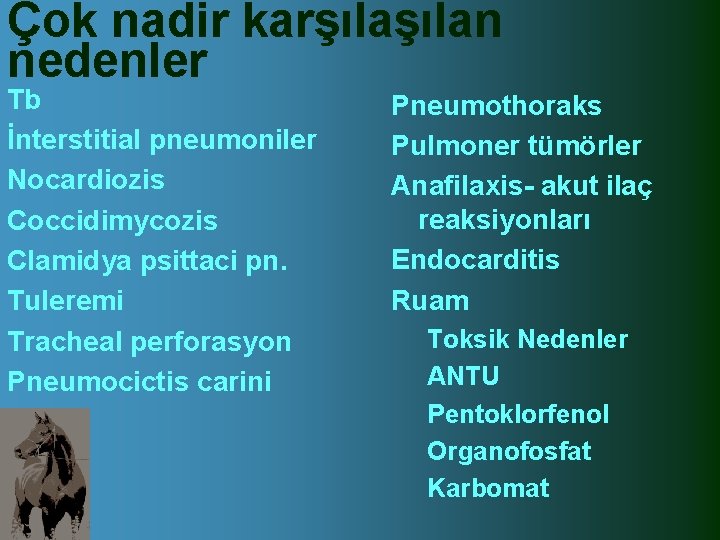 Çok nadir karşılan nedenler Tb İnterstitial pneumoniler Nocardiozis Coccidimycozis Clamidya psittaci pn. Tuleremi Tracheal