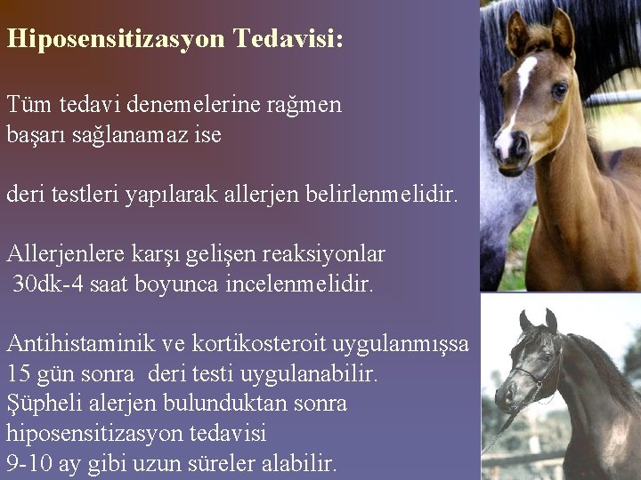 Hiposensitizasyon Tedavisi: Tüm tedavi denemelerine rağmen başarı sağlanamaz ise deri testleri yapılarak allerjen belirlenmelidir.