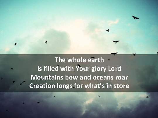 The whole earth Is filled with Your glory Lord Mountains bow and oceans roar