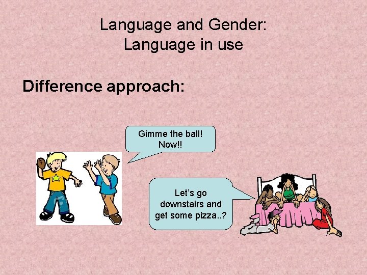 Language and Gender: Language in use Difference approach: Gimme the ball! Now!! Let’s go