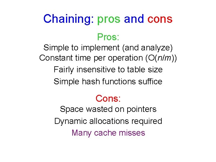 Chaining: pros and cons Pros: Simple to implement (and analyze) Constant time per operation