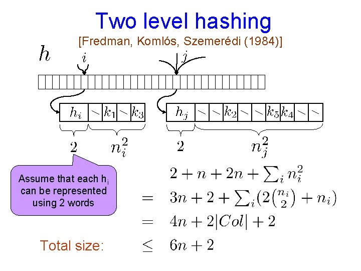 Two level hashing [Fredman, Komlós, Szemerédi (1984)] Assume that each hi can be represented