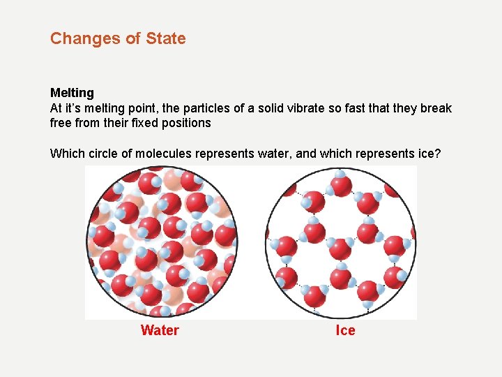 Changes of State Melting At it’s melting point, the particles of a solid vibrate