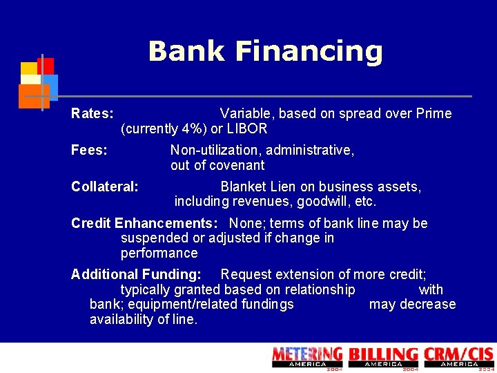 Bank Financing Rates: Variable, based on spread over Prime (currently 4%) or LIBOR Fees: