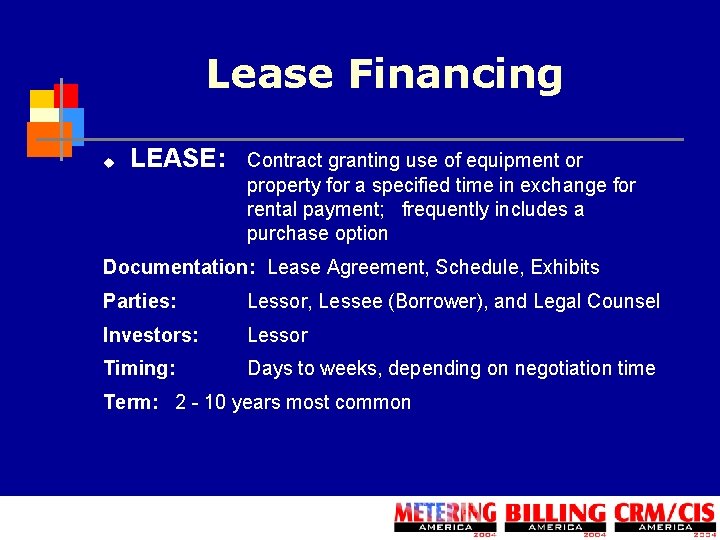 Lease Financing u LEASE: Contract granting use of equipment or property for a specified