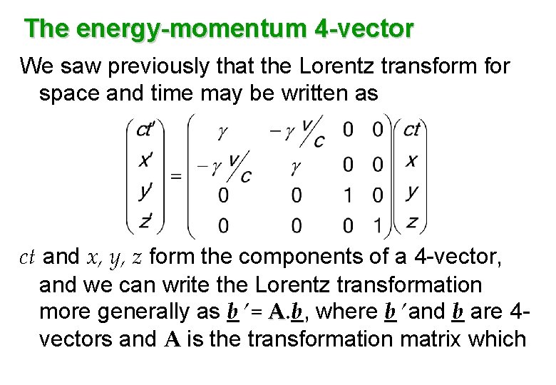 The energy-momentum 4 -vector We saw previously that the Lorentz transform for space and