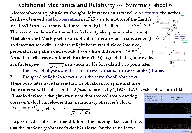 Rotational Mechanics and Relativity --- Summary sheet 6 Nineteenth-century physicists thought light waves must