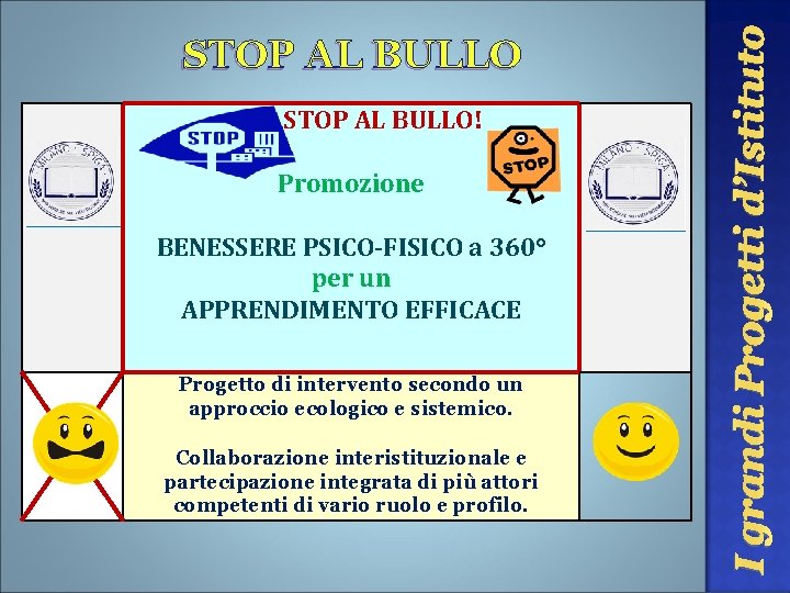 STOP AL BULLO! Promozione BENESSERE PSICO-FISICO a 360° per un APPRENDIMENTO EFFICACE Progetto di STOP AL BULLO! Promozione BENESSERE PSICO-FISICO a 360° per un APPRENDIMENTO EFFICACE Progetto di