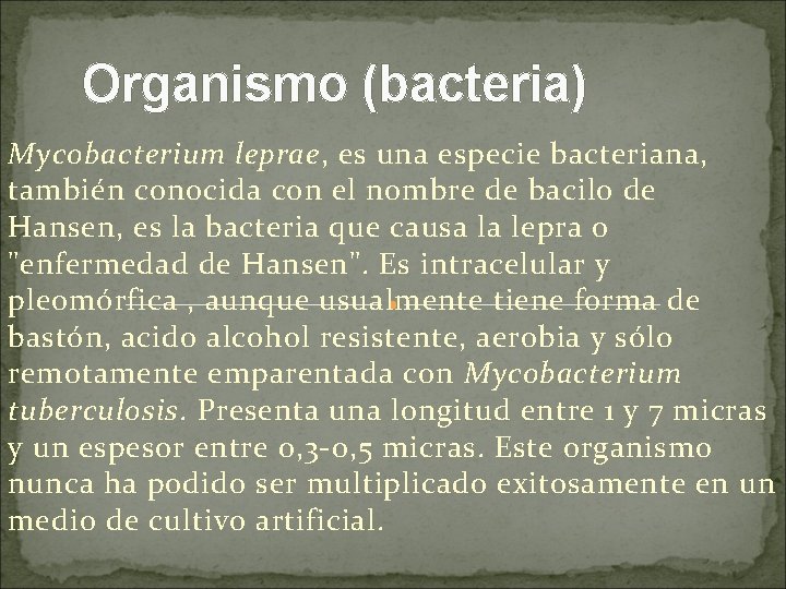 Organismo (bacteria) Mycobacterium leprae, es una especie bacteriana, también conocida con el nombre de