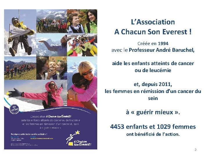 L’Association A Chacun Son Everest ! Créée en 1994 avec le Professeur André Baruchel,