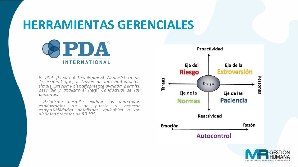 HERRAMIENTAS GERENCIALES El PDA (Personal Development Analysis) es un Assessment que, a través de