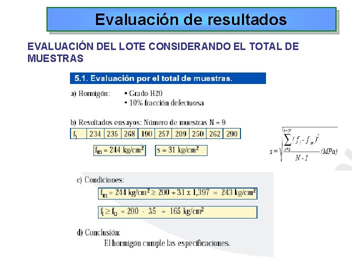 Evaluación de resultados EVALUACIÓN DEL LOTE CONSIDERANDO EL TOTAL DE MUESTRAS 