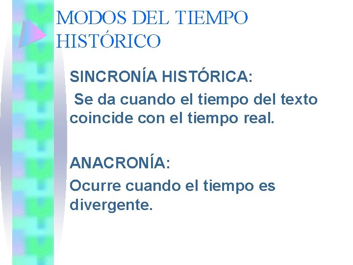 MODOS DEL TIEMPO HISTÓRICO SINCRONÍA HISTÓRICA: Se da cuando el tiempo del texto coincide