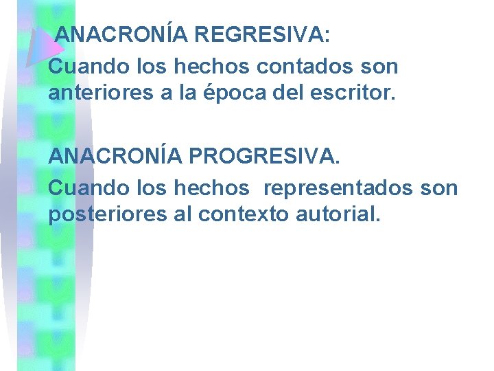 ANACRONÍA REGRESIVA: Cuando los hechos contados son anteriores a la época del escritor. ANACRONÍA