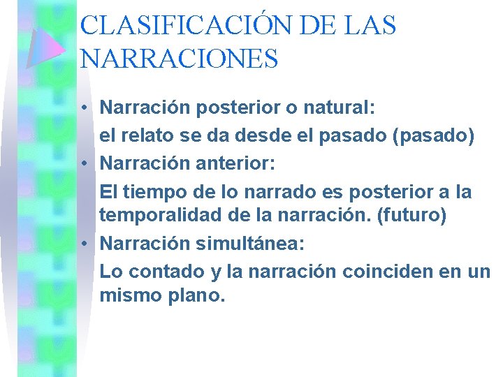 CLASIFICACIÓN DE LAS NARRACIONES • Narración posterior o natural: el relato se da desde