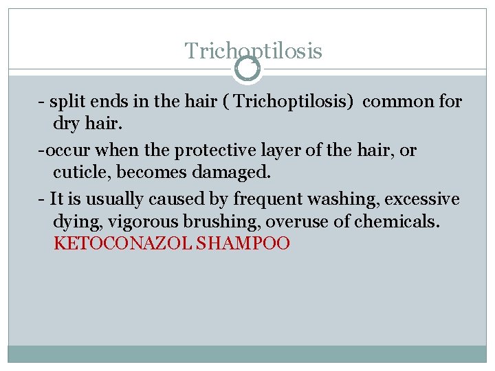 Trichoptilosis - split ends in the hair ( Trichoptilosis) common for dry hair. -occur Trichoptilosis - split ends in the hair ( Trichoptilosis) common for dry hair. -occur