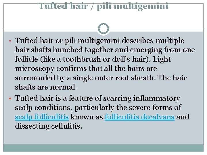Tufted hair / pili multigemini • Tufted hair or pili multigemini describes multiple hair Tufted hair / pili multigemini • Tufted hair or pili multigemini describes multiple hair
