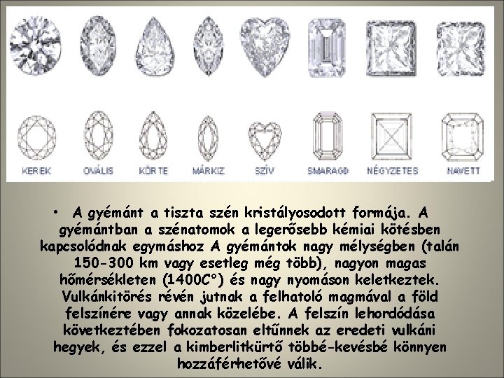  • A gyémánt a tiszta szén kristályosodott formája. A gyémántban a szénatomok a
