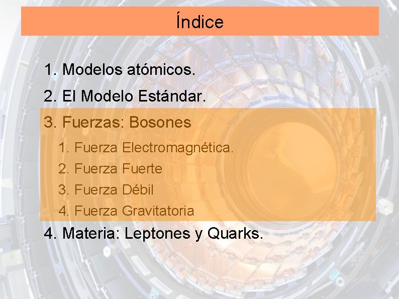 Índice 1. Modelos atómicos. 2. El Modelo Estándar. 3. Fuerzas: Bosones 1. Fuerza Electromagnética.