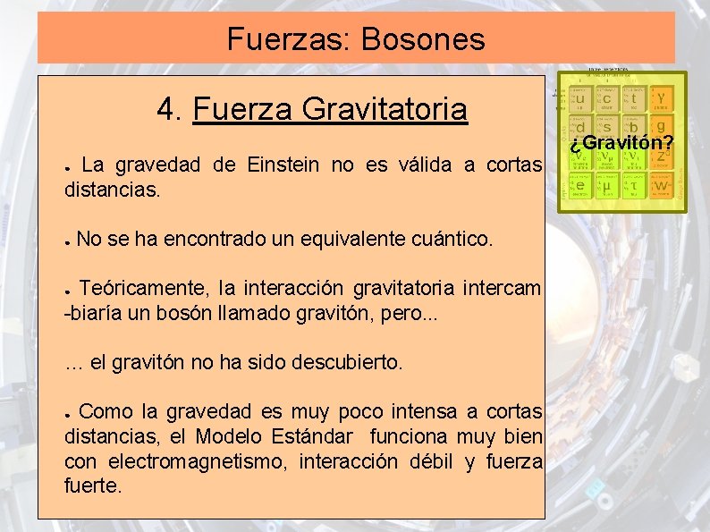 Fuerzas: Bosones 4. Fuerza Gravitatoria La gravedad de Einstein no es válida a cortas