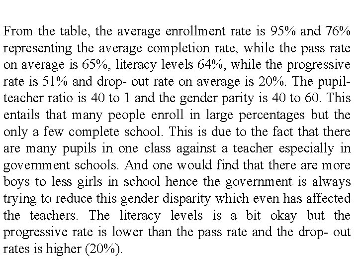 From the table, the average enrollment rate is 95% and 76% representing the average