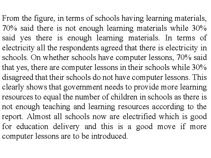 From the figure, in terms of schools having learning materials, 70% said there is