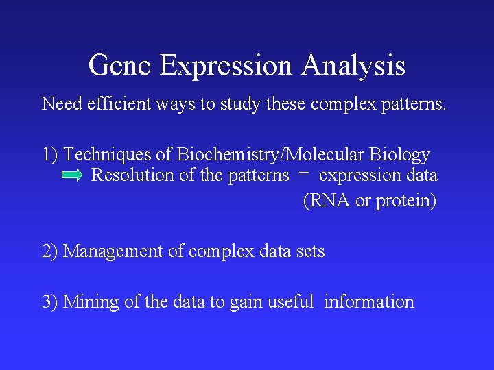 Gene Expression Analysis Need efficient ways to study these complex patterns. 1) Techniques of