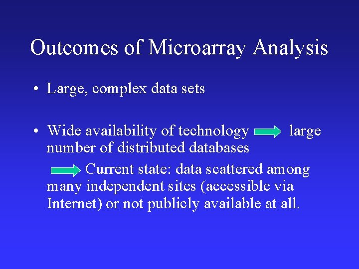 Outcomes of Microarray Analysis • Large, complex data sets • Wide availability of technology
