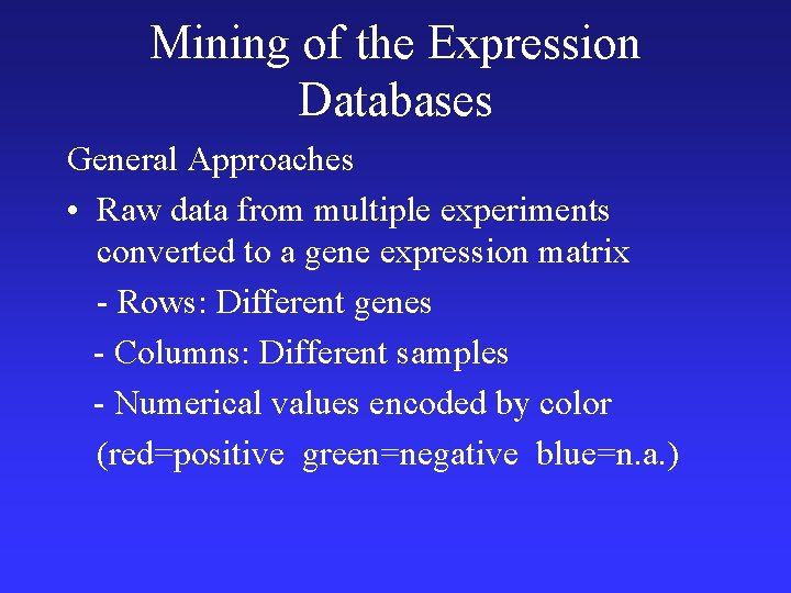 Mining of the Expression Databases General Approaches • Raw data from multiple experiments converted