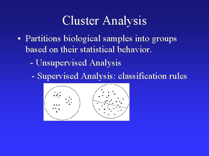 Cluster Analysis • Partitions biological samples into groups based on their statistical behavior. -