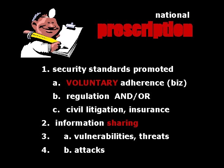 national prescription 1. security standards promoted a. VOLUNTARY adherence (biz) b. regulation AND/OR c.