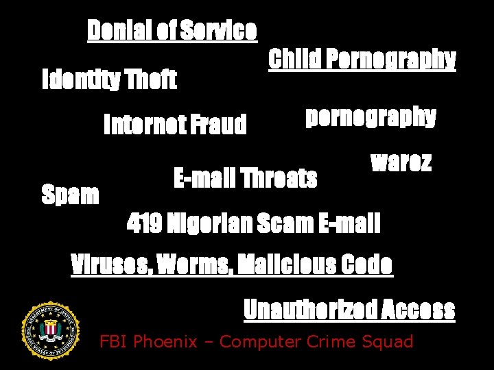 Denial of Service Identity Theft Internet Fraud Spam Child Pornography pornography E-mail Threats warez