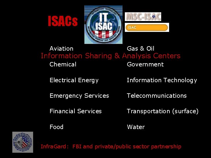 ISACs Aviation Gas & Oil Chemical Government Electrical Energy Information Technology Emergency Services Telecommunications