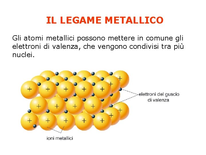 IL LEGAME METALLICO Gli atomi metallici possono mettere in comune gli elettroni di valenza,