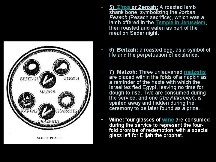  • 5) Z'roa or Zeroah; A roasted lamb shank bone, symbolizing the korban