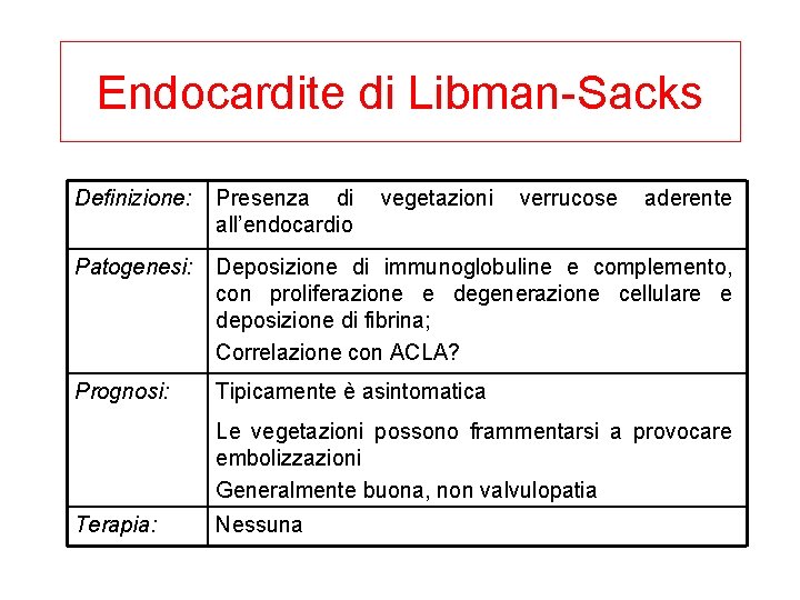 Endocardite di Libman-Sacks Definizione: Presenza di vegetazioni verrucose aderente all’endocardio Patogenesi: Deposizione di immunoglobuline