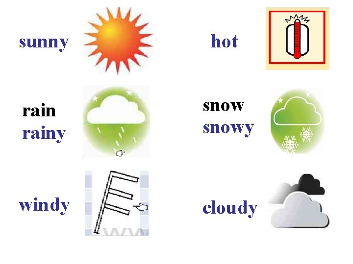 sunny hot rainy snowy windy cloudy 