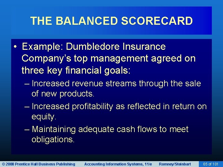 THE BALANCED SCORECARD • Example: Dumbledore Insurance Company’s top management agreed on three key