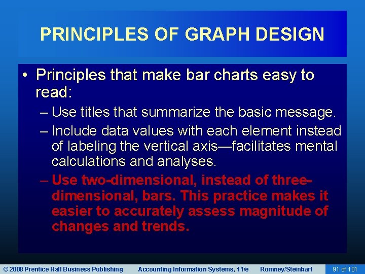 PRINCIPLES OF GRAPH DESIGN • Principles that make bar charts easy to read: –