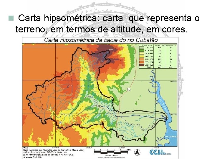  Carta hipsométrica: carta que representa o terreno, em termos de altitude, em cores.